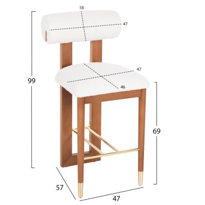 BAR STOOL TONDELLA HM18146.12 WALNUT WOOD-BOUCLE FABRIC WHITE-METAL IN GOLD 47x57x99Hcm.