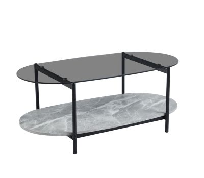 COFFEE TABLE OVAL KITTY HM18040 SEMI-BLACK GLASS TOP-GREY MARBLE MELAMINE 110x50x43Hcm.