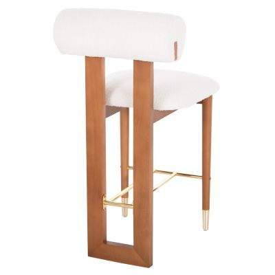 BAR STOOL TONDELLA HM18146.12 WALNUT WOOD-BOUCLE FABRIC WHITE-METAL IN GOLD 47x57x99Hcm.