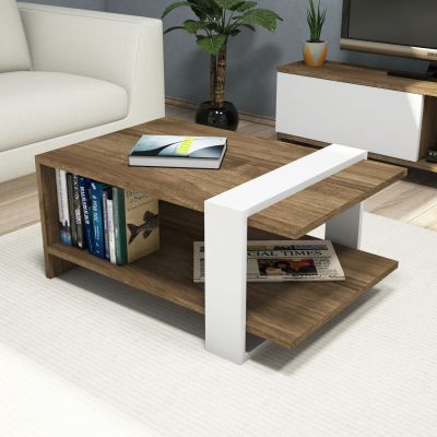 COFFEE TABLE WALNUT-WHITE COLOR HM8950.01 80x55x35 cm.