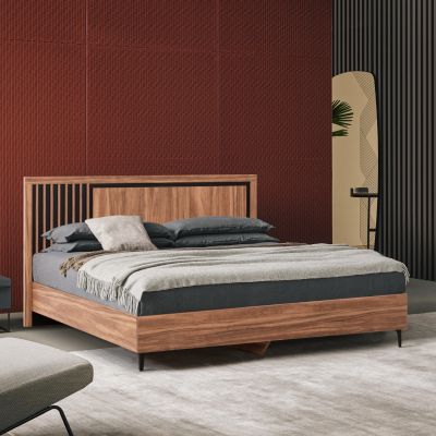 BED DOUBLE SERIES HARRY HM688.01 MELAMINE IN NATURAL WOOD COLOR AND BLACK 164x204x100Hcm.