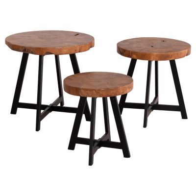 COFFEE TABLES 3PCS SET LUDETH HM18237 SOLID TEAK WOOD-METAL BASES BLACK Φ60-Φ50-Φ41cm.