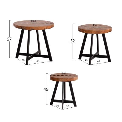 COFFEE TABLES 3PCS SET LUDETH HM18237 SOLID TEAK WOOD-METAL BASES BLACK Φ60-Φ50-Φ41cm.