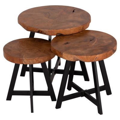 COFFEE TABLES 3PCS SET LUDETH HM18237 SOLID TEAK WOOD-METAL BASES BLACK Φ60-Φ50-Φ41cm.