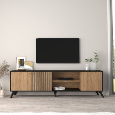 TV STAND HM9447.01 MELAMINE IN BLACK-NATURAL WOOD 180x40x51Hcm.