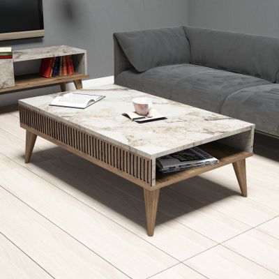 COFFEE TABLE HM9505.03 MELAMINE IN WALNUT-WHITE MARBLE-LOOK TOP 105x60x34.6Hcm.