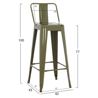 BAR STOOL WITH BACKREST MELITA-PRO HM8643.43 METAL IN DARK OLIVE GREEN 42x42x100Hcm.