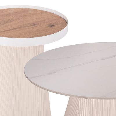 COFFEE TABLES 2PCS SET DUNCAN HM21082 MDF IN CREAM WHITE AND CERAMIC TOP Φ80cm & Φ45cm