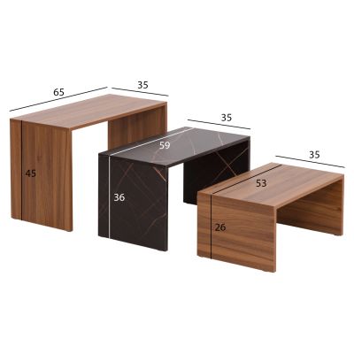 COFFEE TABLES 3PCS SET BENTIL HM9444.12 MELAMINE IN WALNUT-BLACK MARBLE 65x35x45Hcm.