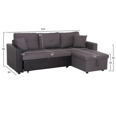 CORNER SOFA-BED WAYNE HM3028.81 GREY FABRIC-BLACK PU LEATHER 224x145x86Hcm.