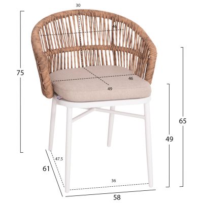 ALUMINUM ARMCHAIR ALABAMA HM6265.02 WHITE-P.E. RATTAN NATURAL-BEIGE CUSHION 58x61x75Hcm.