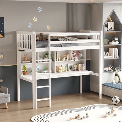 CHILDREN'S BUNKBED t.MONTESSORI WITH DESK & BOOKCASE LIBRO HM708.03 PINE WOOD IN WHITE- 90x190cm.
