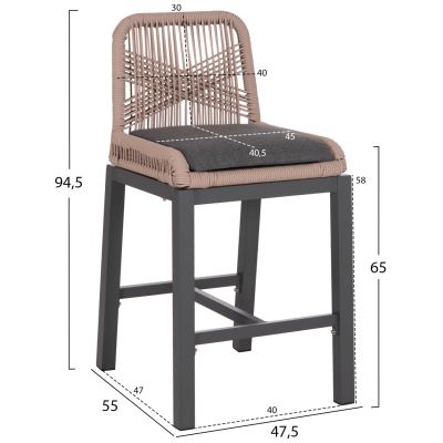 BAR STOOL MEDIUM HEIGHT HOWARD HM5791.21 ALUMINUM IN ANTHRACITE--BEIGE ROPE 47.5x55x94.5Hcm.