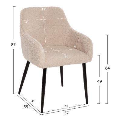 ARMCHAIR SHELLY HM8591.02 TEDDY FABRIC IN WHITE-BLACK METAL LEGS 57x55x87Hcm.