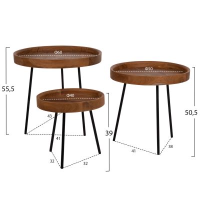 SIDE TABLES 3PCS SET MANTARYS HM9799 MINDI WOOD-BLACK METAL LEGS Φ60x55,5Ηcm.