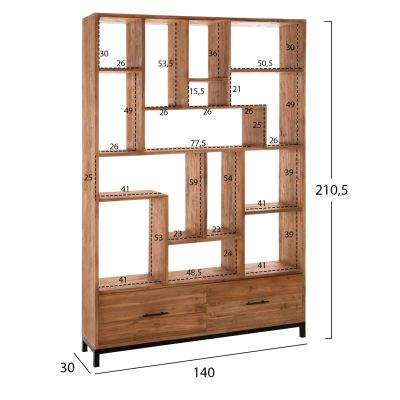 ЕТАЖ ЗА КНИЖИ ROMULUS HM9803 РЕЦИКЛИРАНО ТИКОВО ДЪРВО-2 ЧЕКМЕДЖЕТА 140x30x210,5Hcm.