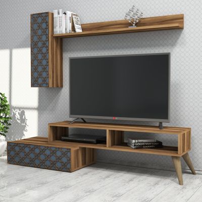 TV FURNITURE SET HM9518.01 MELAMINE IN WALNUT AND SKY BLUE 150x37.2x37.8Hcm.