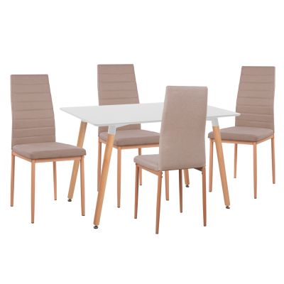 DINING SET 5PCS MINIMAL HM11767 WHITE MDF TOP-BEIGE FABRIC CHAIRS