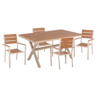 OUTDOOR DINING SET SAGA HM21196 TABLE & 4 DINING CHAIRS-ALUMINUM & POLYWOOD--CHAMPAGNE COLOR