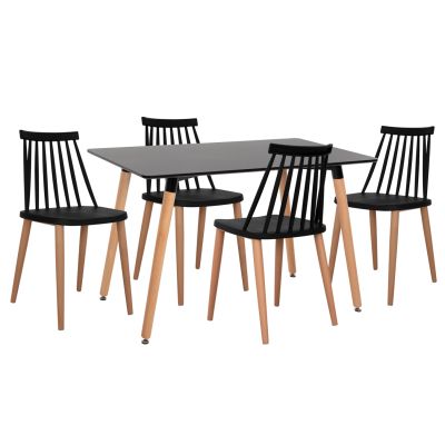 DINING SET 5PCS MINIMAL HM21178 MDF TOP IN BLACK-FRAMES IN NATURAL WOOD COLOR