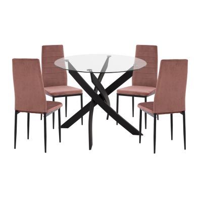 DINING SET 5PCS LADY HM21199.02 GLASS TOP--METAL IN BLACK & VELVET IN DUSTY PINK