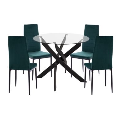 DINING SET 5PCS LADY HM21199.03 GLASS TOP--METAL IN BLACK & VELVET IN CYPRESS GREEN