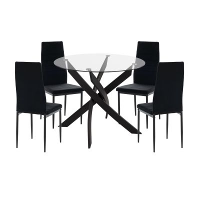DINING SET 5PCS LADY HM21199.04 GLASS TOP--METAL & VELVET IN BLACK