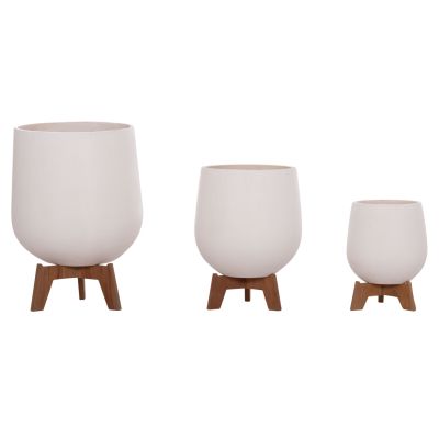 SET 3 POTS/VASES WITH TEAK BASES TRYLL HM4681.02 FIBER CEMENT IN WHITE