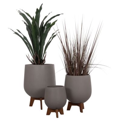 SET 3 POTS/VASES WITH TEAK BASES TRYLL HM4681.03 FIBER CEMENT IN GREY