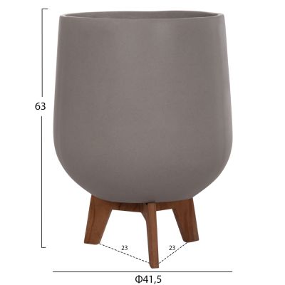 SET 3 POTS/VASES WITH TEAK BASES TRYLL HM4681.03 FIBER CEMENT IN GREY