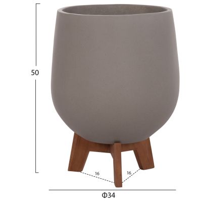 SET 3 POTS/VASES WITH TEAK BASES TRYLL HM4681.03 FIBER CEMENT IN GREY