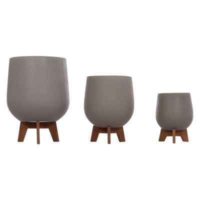 SET 3 POTS/VASES WITH TEAK BASES TRYLL HM4681.03 FIBER CEMENT IN GREY