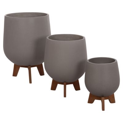 SET 3 POTS/VASES WITH TEAK BASES TRYLL HM4681.03 FIBER CEMENT IN GREY