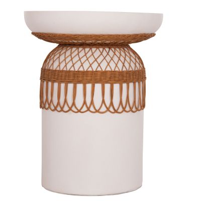 DINING TABLE ROUND PRILEP HM18159.02 FIBER CEMENT IN WHITE & RATTAN--Φ60x76.5Hcm.