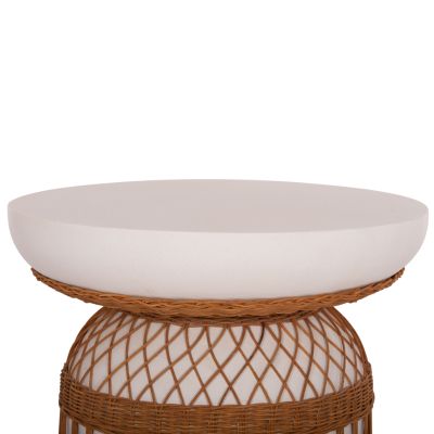 DINING TABLE ROUND PRILEP HM18159.02 FIBER CEMENT IN WHITE & RATTAN--Φ60x76.5Hcm.