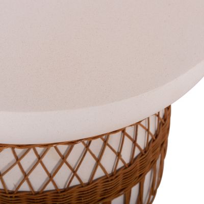 DINING TABLE ROUND PRILEP HM18159.02 FIBER CEMENT IN WHITE & RATTAN--Φ60x76.5Hcm.