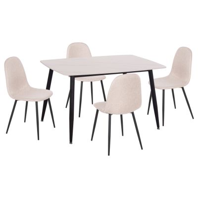 DINING SET 5PCS RAVEN HM21068.01 CERAMIC TOP WHITE MARBLE--BEIGE FABRIC
