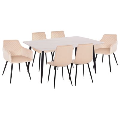 DINING SET 7PCS RAVEN HM21070.01 CERAMIC TOP--4 CHAIRS & 2 ARMCHAIRS ECRU