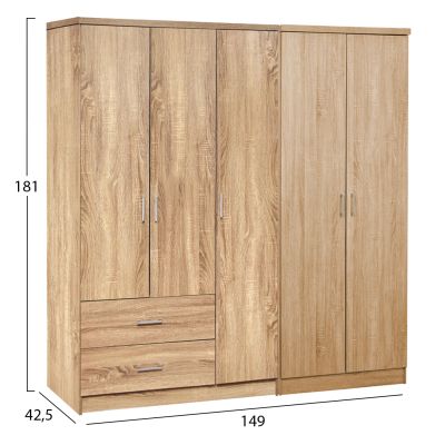 WARDROBE 5-LEAF CAESAR HM21234.02 MELAMINE IN SONAMA COLOR 150x42.5x181Hcm.