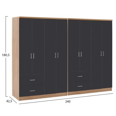 8-LEAF WARDROBE BRIANA HM21237.01 MELAMINE IN SONAMA & DARK GREY 241x42,5Χ180,5Hcm.
