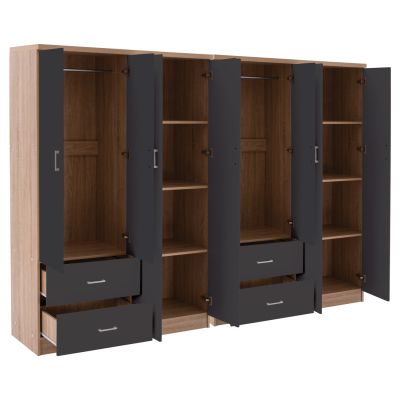 8-LEAF WARDROBE BRIANA HM21237.01 MELAMINE IN SONAMA & DARK GREY 241x42,5Χ180,5Hcm.