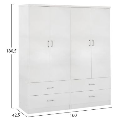 WARDROBE 4-LEAF WITH 4 DRAWERS REINA HM21258 MELAMINE IN WHITE 160x42.5x180.5Η