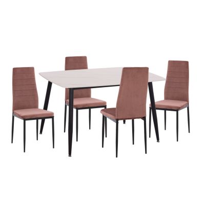 DINING SET 5PCS RAVEN HM21264.01 CERAMIC TOP WHITE MARBLE--VELVET IN DUSTY PINK