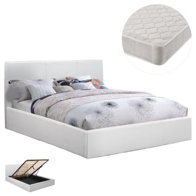 DOUBLE BED WITH MATTRESS BOBBI HM21271.01 WHITE PU WITH STORAGE SPACE--FOR 150X200cm.