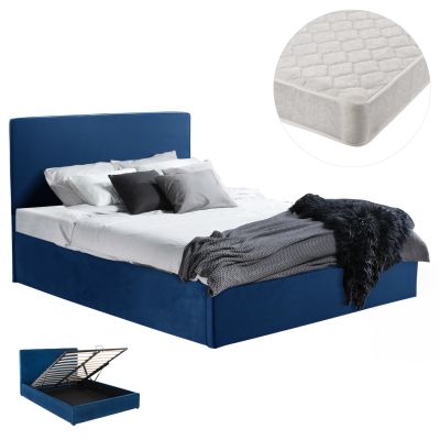 DOUBLE BED WITH MATTRESS ALLIE HM21273.04 BLUE VELVET WITH STORAGE SPACE--FOR 160x200cm.