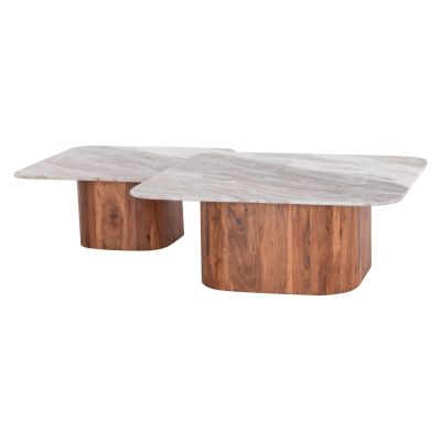 SET 2PCS COFFEE TABLES SQUARE VOLTI HM21079 GREY MARBLE-ACACIA WOOD