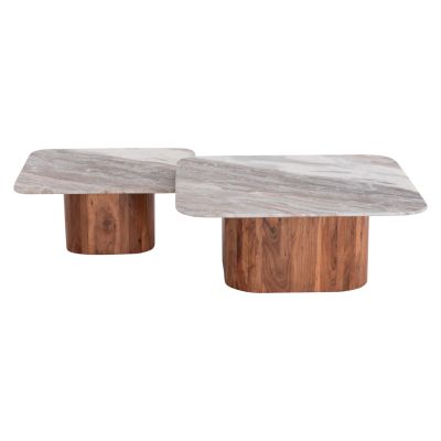 SET 2PCS COFFEE TABLES SQUARE VOLTI HM21079 GREY MARBLE-ACACIA WOOD