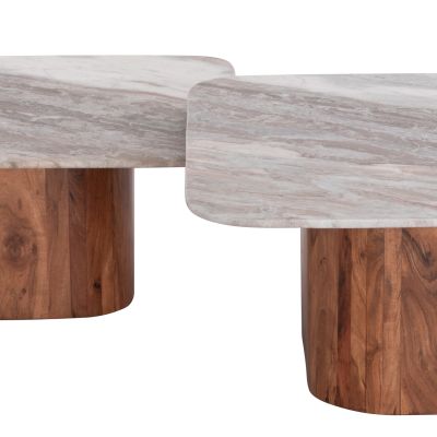SET 2PCS COFFEE TABLES SQUARE VOLTI HM21079 GREY MARBLE-ACACIA WOOD