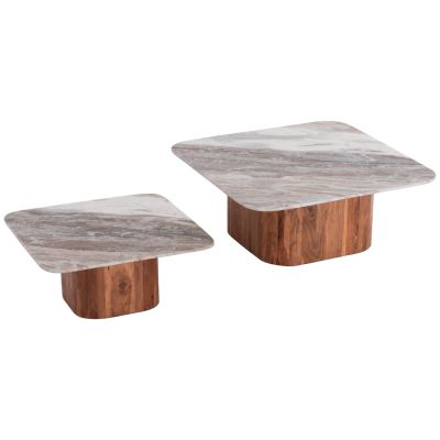 SET 2PCS COFFEE TABLES SQUARE VOLTI HM21079 GREY MARBLE-ACACIA WOOD