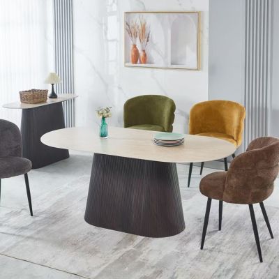 DINING TABLE OVAL CATER HM18320 CERAMIC TOP IN TRAVERTINE STONE LOOK--MDF BASE 188x98x78Hcm.